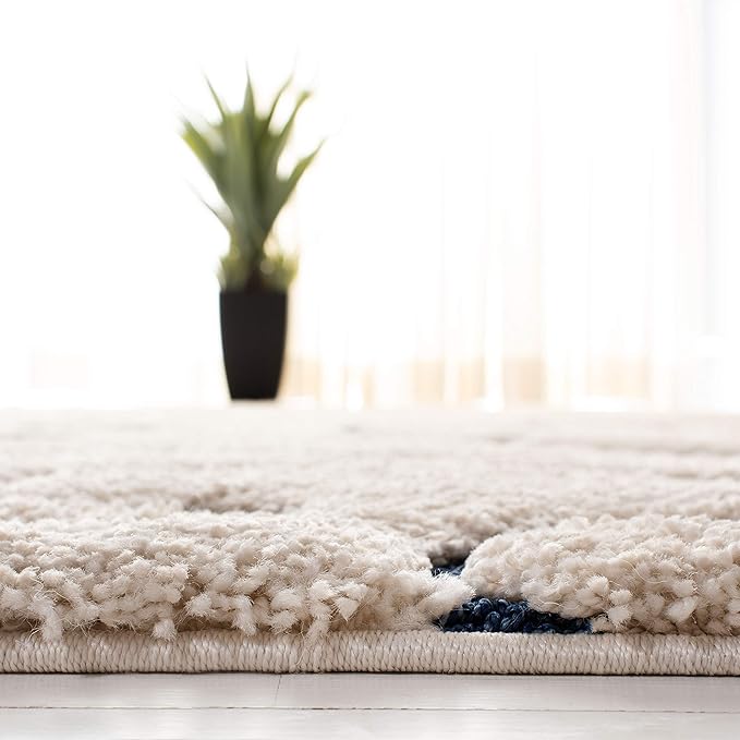 SAFAVIEH Florida Shag Collection Runner Rug - 2'3" x 7', Cream & Blue, Scroll Design, Non-Shedding & Easy Care, 1.2-inch Thick Ideal for High Traffic Areas in Living Room, Bedroom (SG455-1165)