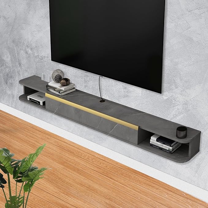 Floating TV Stand, 95'' Wall Mounted Entertainment Center TV Media Console, Floating Shelves with Door, Floating TV Cabinet Large Storage TV Bench for Living Room (Dark Grey, 94.49IN)