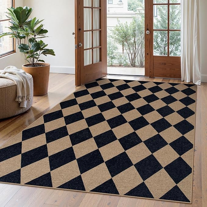 Lahome Checkered Easy Jute Outdoor Rug, 5x7 Area Rugs for Living Room Nature Large Dining Room Carpet, Farmhouse Outdoor Patio Non Slip Diamond Carpet for Home Office Bedroom Backyard Deck