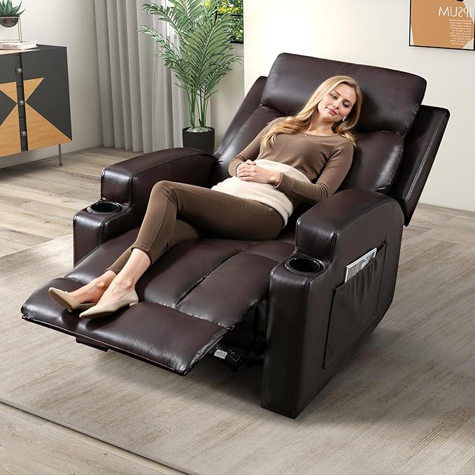 Phoenix Home Manual Recliner Chair Set of 2 with Massage and Heat, Ergonomic Overstuffed Faux Leather Recliner Single Sofa with 2 Cup Holders, Living Room Lounge Recliners on Clearance, Brown