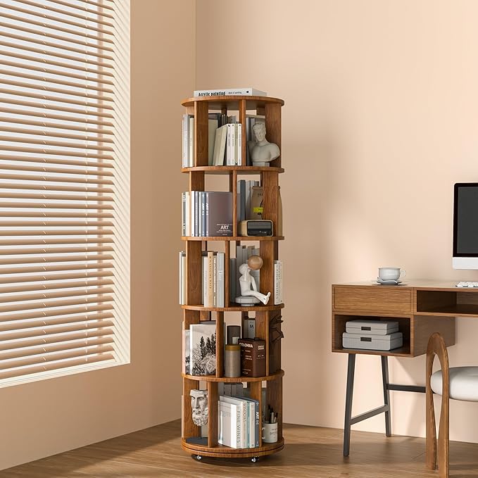 5 Tier Rotating Bookshelf Tower Spinning Bookshelf with Swivel Wheels Book Shelf Rotating Storage Tower for Kids Adult Narrow Walnut Solid Wood Revolving Bookcase Organizer for Bedroom Living Room