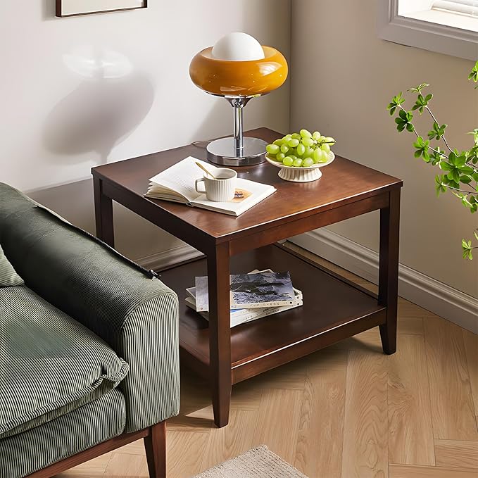 Side Table, Solid Wood Square End Table with Storage Shelf, 2-Tier Coffee Table for Living Room, Rubber Wood Small Sofa Table, Nightstand 23.62 H x 23.62 W x 23.62 D Inches (Walnut)