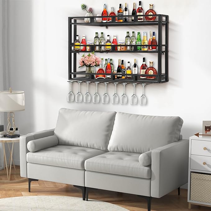 Metal Wine Rack Wall Mounted, Bar Shelves for Liquor Bottles with LED Light, 3 Tier Large Capacity Liquor Rack Wall Mounted with Glass Holder for Home Bar & Dining Room （Black, 71in/180cm）
