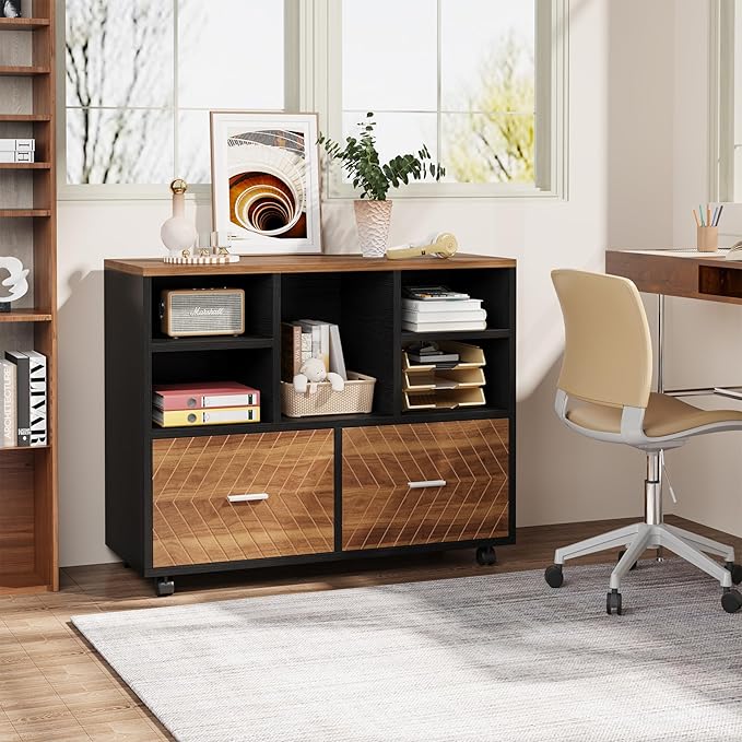 Tribesigns 2-Drawer Wood File Cabinet, Mobile Lateral Filing Cabinet for Hanging Letter Size Files, Printer Stand with Open Storage Shelves for Home Office (Walnut & Black)