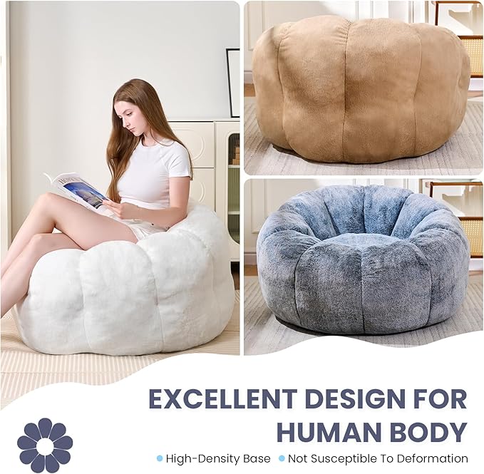 Bean Bag Chair with Filler, Faux Fur Comfy Chair with Petal Armrest Fluffy Lounge Chair for Bedroom, Living Room, Dorm, Game - Grey, Large, Low Support