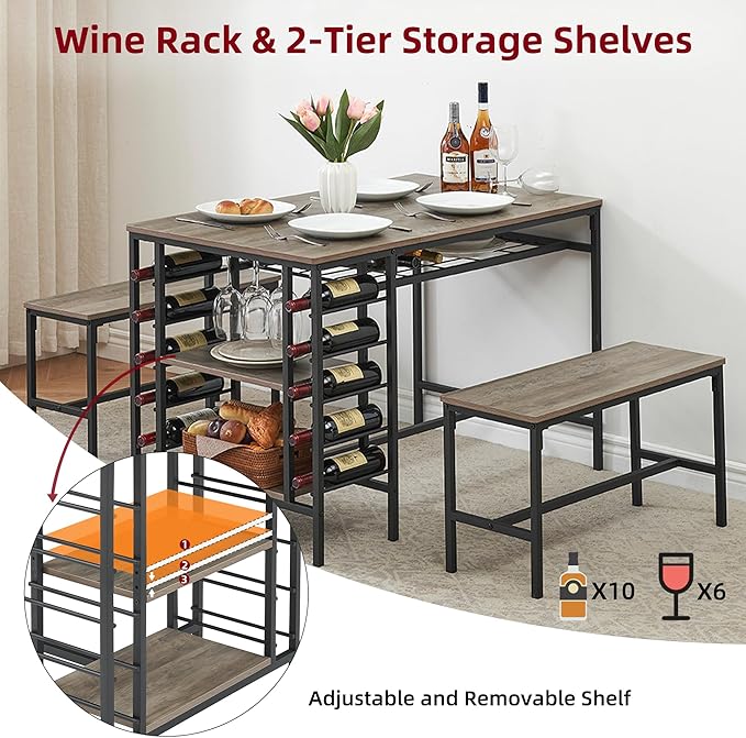IDEALHOUSE Dining Table Set for 4, Kitchen Table Set for 4 with 2 Benches, Rectangular Dining Room Table Set with Wine Rack, 3 Piece Dining Table Set for Small Space Apartment, Grey