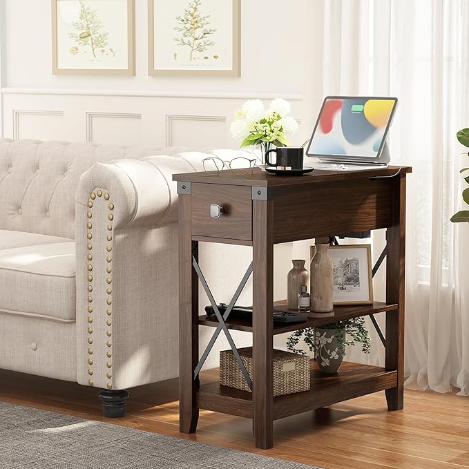 Narrow End Table with Charging Station - Farmhouse Slim Side Table Set of 2, w/USB Ports Power Outlets, Nightstand w/Flip Top Storage Drawer, for Small Spaces Living Room Bedroom, Walnut