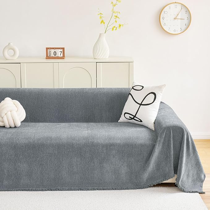 hyha Couch Cover for Dogs, Boho Sofa Covers for 3 Cushion Couch Washable, Chenille Sofa Slipcover for Pets, Soft Loveseat Sectional Couch Throw Blankets with Tassels (Grey, 88.5x134 Inch)