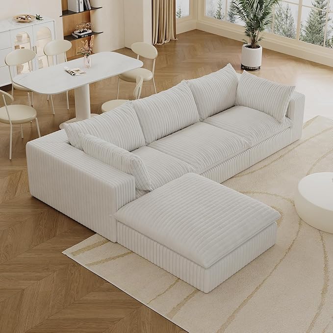 118.2" L Shaped Modular Sectional Cloud Couch with Ottoman, Plush Corduroy Upholstered Compression Sofa, 4-Seat Deep Seat Boneless Sofa Couches with Throw Pillow