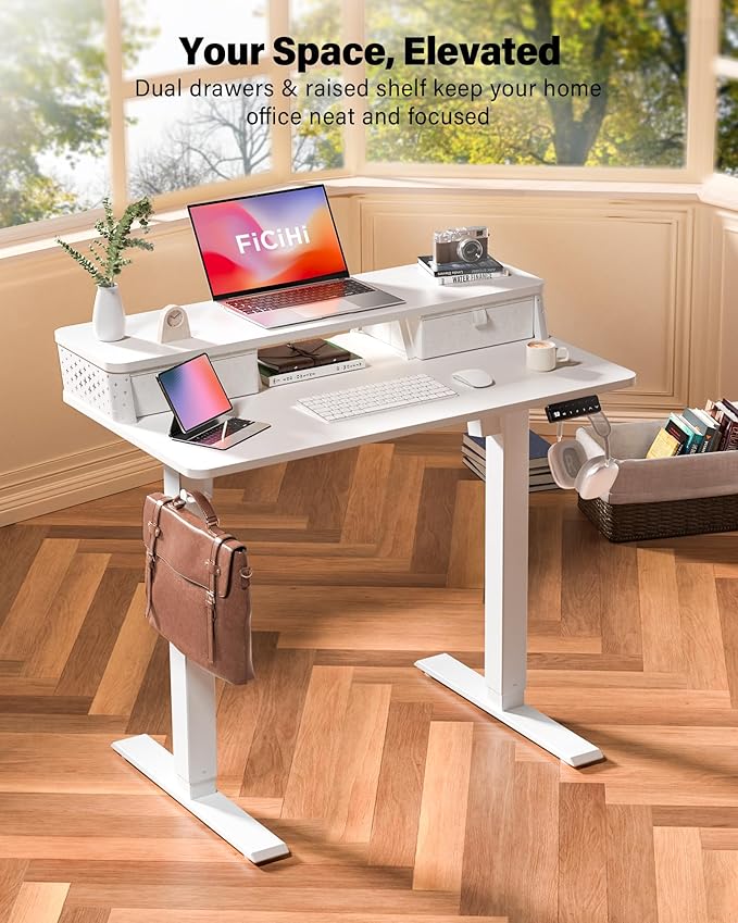 40x24 Inch Standing Desk with Double Drawers, C-Clamp Mount Compatible, Electric Adjustable Height Computer Stand Up Desks, Home Office Sit Stand Table with 3 Preset Heights & 2 Hooks, White