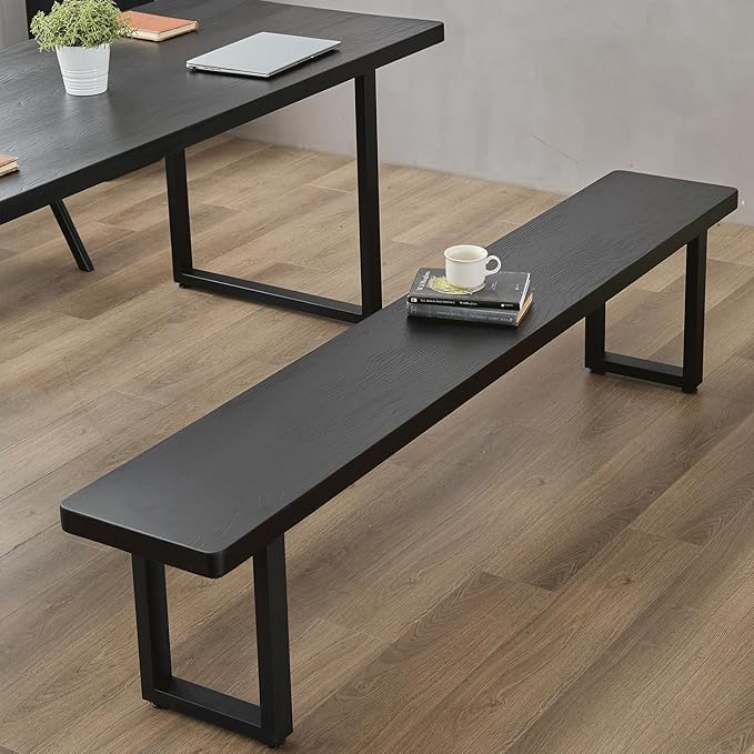 Modern Solid Wood Dining Table with Metal Base Stylish Durable Dining Room Table in Black Multiple Sizes Home Use Office Desk (Bench Black, 78.74in)