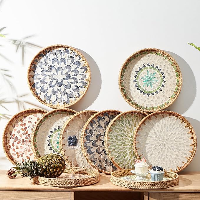 Round Rattan Tray with Mother of Pearl Inlay, Rattan Serving Tray with Wooden Base, Decorative Wicker Basket for Table Decor, Storage and Display of Coffee Bread Food Fruit (Wicker)