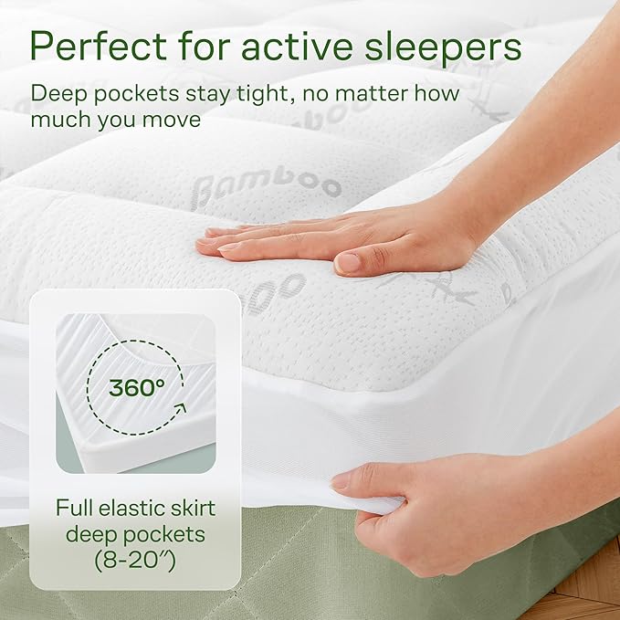 Ultra Soft Queen Size Mattress Topper - Viscose Made from Bamboo Pillow Top Mattress Pad for Back Pain Relief - Naturally Cooling for Hot Sleepers, White
