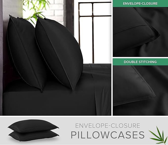 California King Sheets by Pure Bamboo, Genuine 100% Organic Viscose Derived from Bamboo Bed Sheet Set, Soft & Cooling, Double Stitching, Lifetime Quality Promise (California King, Black)