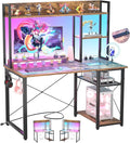 Cyclysio Gaming Desk with Hutch, 39'' Computer Desk with LED Lights & Power Outlets, Home Office Desk with Reversible 5 Tiers Storage Shelves & Monitor Stand, Small Gaming Table for Small Space,Rustic