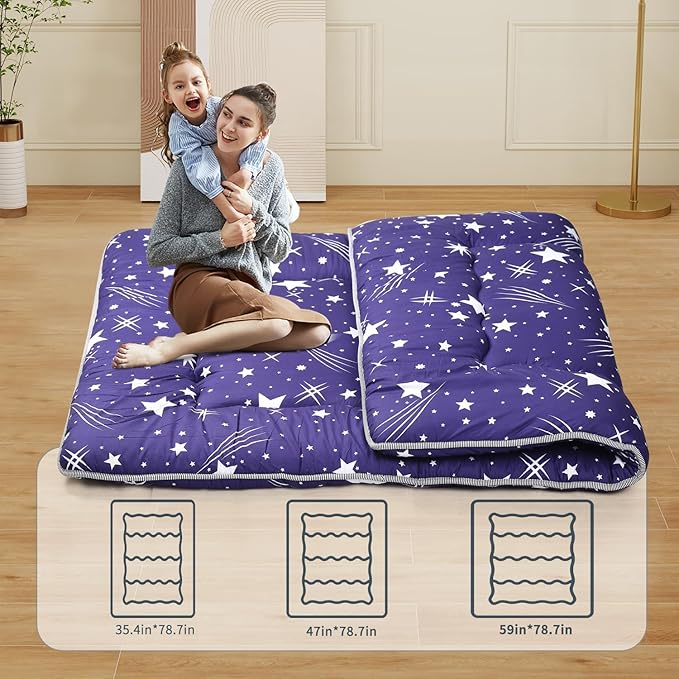 Japanese Floor Mattress,Roll Up Memory Foam Tatami Mat Easy to Store and Portable,Futon Mattress Suitable for Camping and Guest Room (Blue, Queen (80" X 60"))