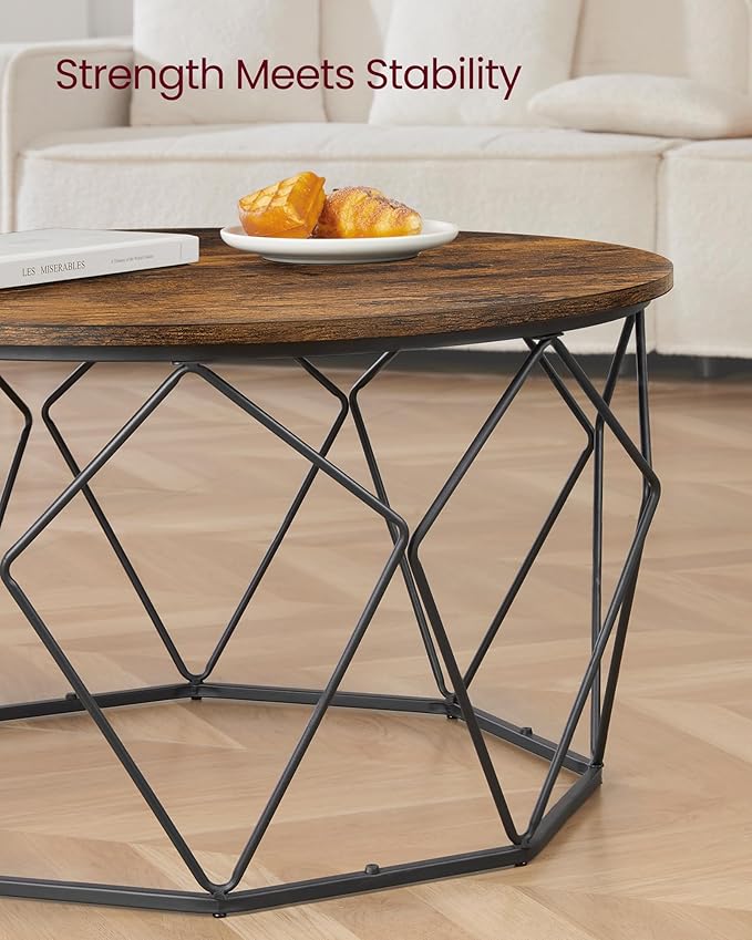 VASAGLE Round Coffee Table for Living Room, Cage Cocktail Table with Steel Frame, 31.5 Inches Dia., Industrial Style, Rustic Brown and Black ULCT040B01