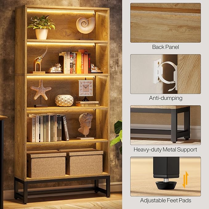 Tribesigns Tall Bookcase and Bookshelf, 70.8" Large Bookcases Organizer with LED Lights, Heavy Duty Free-Standing Library Bookshelf with 5-Tier Storage Shelves for Living Room, Bedroom (Brown)