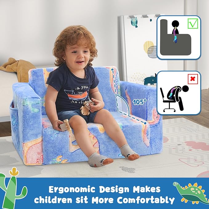 Toddler Chair Comfy,2-in-1 Soft Toddler Couch Fold Out for Kids,Convertible Sofa to Lounger,Gift for Girls and Boys Birthday,Dinosaurs,Medium