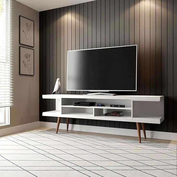 Manhattan Comfort Utopia 70.47" Freestanding Entertainment Center for Living Room, Mid Century Modern TV Stand with Shelves, Storage and Media Holes, Fits 65" Screens, 70.47 Inches, White