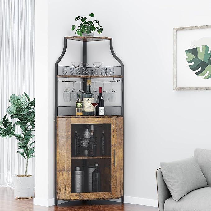 GAOMON Corner Wine Cabinet with Removable Wine Rack, Wine Bar Cabinet with Barn Door and Adjustable Shelves, Industrial Wine Cabinet for Dining Room, Living Room,Kitchen (Retro Brown)