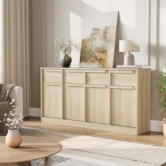 GarveeHome Sideboard Buffet Cabinet with 4 Drawers, 62.4" Large Coffee Cabinet with Storage, Modern Storage Buffet Table for Kitchen Dining Room, Living Room (Pear Wood, 4 Doors & 4 Drawers)