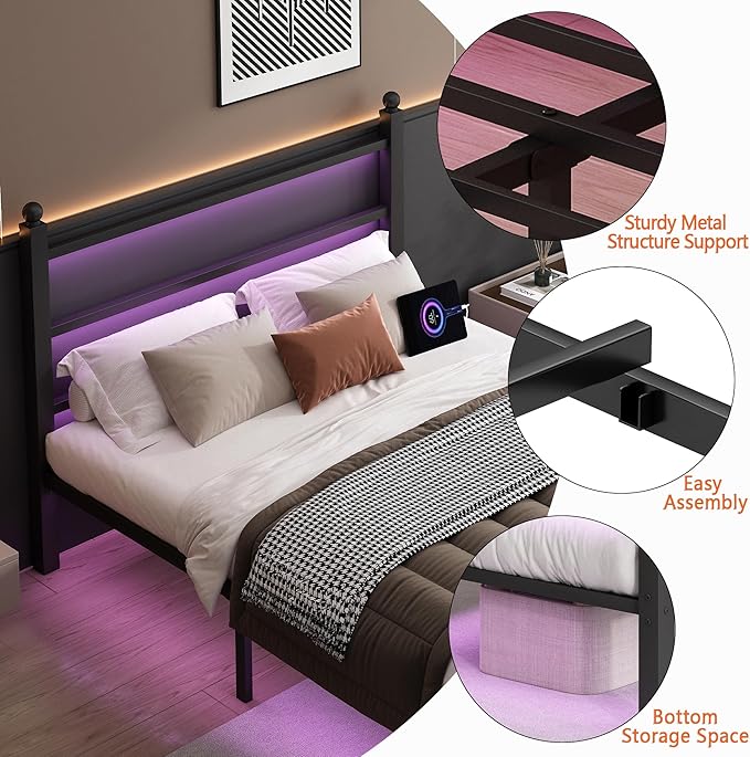 Twin Bed Frame with Headboard and Footboard,Steel Slats Support-LED Bed Frame with USB Charging Station,Mattress Foundation-Under Bed Storage,No Box Spring Needed,Noise Free,Black