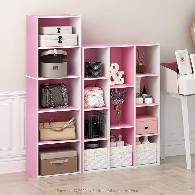 Furinno 5-Tier Reversible Color Open Shelf Bookcase , White/Pink 11055WH/PI