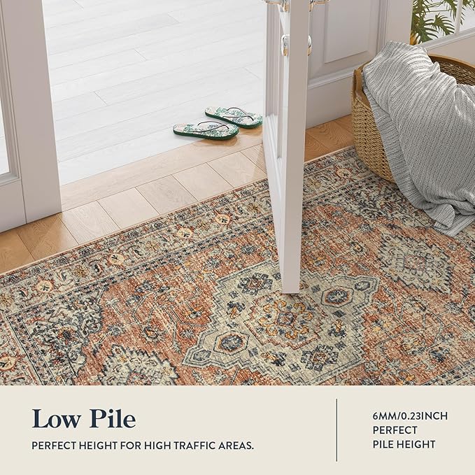 Lahome Oriental Washable Rug, 3x5 Rugs for Bedroom Living Room Entryway, Vintage Ultra-Thin Non-Slip Soft Throw Carpet for Kitchen Office Entrance, Peach/Orange