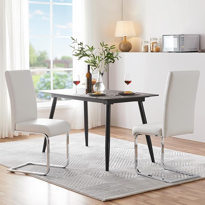 Yaheetech Dining Chairs Set of 2 Modern Faux Leather Upholstered Dining Room Chairs with High Back and Metal Chrome Legs for Kitchen/Living Room/Restaurant, White