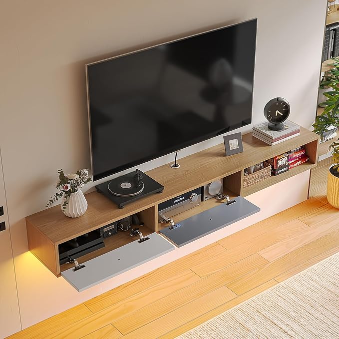 Modern Floating TV Stand with Doors, 55‘’ Wall Mounted Media Console Cabinet Under TV Shelf for Living Room Bedroom, Natural