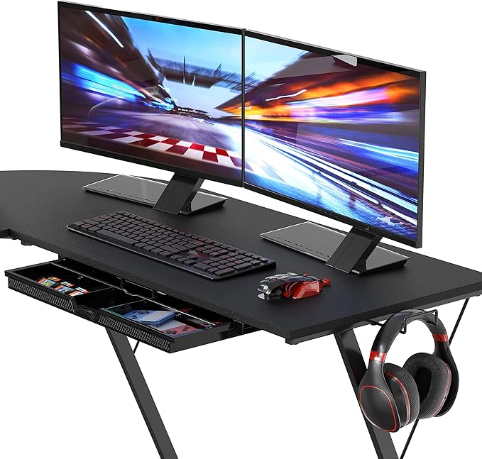 SHW 51 x 51 Inches Vista L-Shaped Desk with Monitor Stand and Drawer, Black