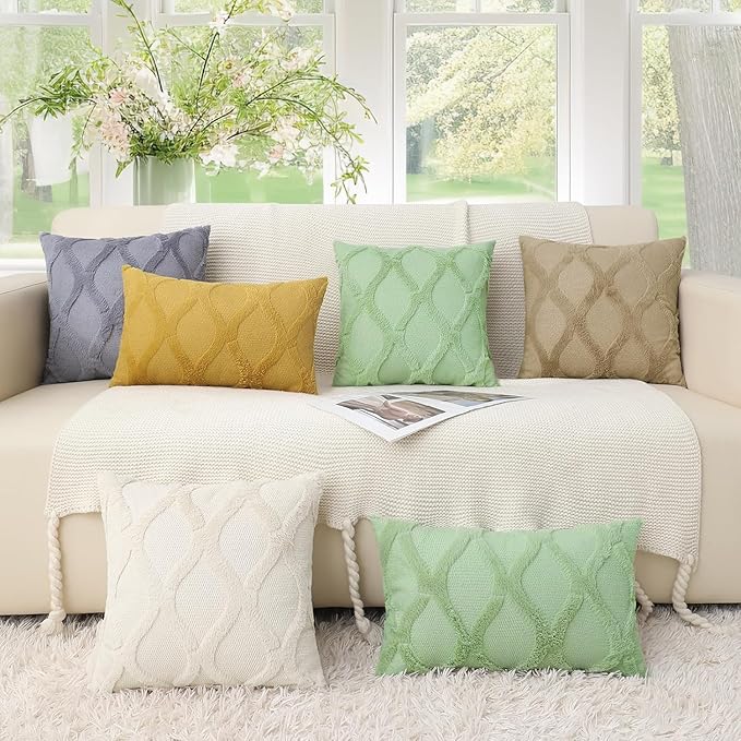decorUhome Throw Pillow Covers 12x20 Inch Set of 2, Soft Plush Faux Fur Wool Lumbar Sage Green Couch Pillow Covers, Decorative Neutral Pillow Cases for Bed Sofa Living Room Home Decor