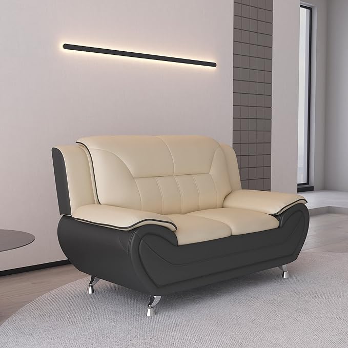 Container Furniture Direct Michael Modern Faux Leather Upholstered Stainless Steel Legs Living Room Loveseat, Black Camel
