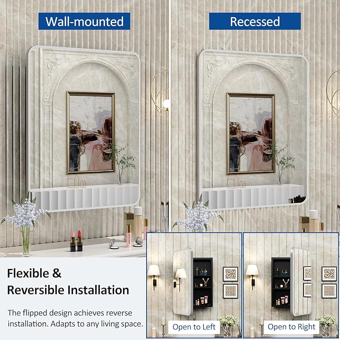 24x30 Inch Bathroom Medicine Cabinet with Mirror Metal Framed Recessed or Wall Mounted Mirrored Medicine Cabinets for Bathroom Brushed Silver