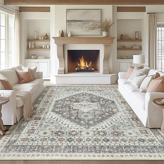 zesthome 8x10 Area Rugs for Living Room,Non-Slip Backing Washable Rugs,Vintage Large Area Rug，Stain Resistant Home Decor Rug (Grey/Orange,8'x10')