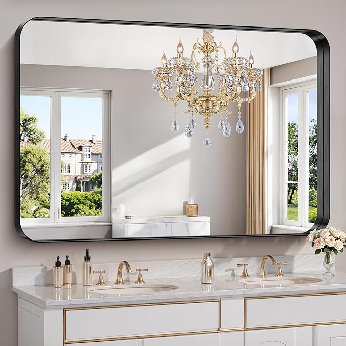 FORBATH 60x40 Inch Large Bathroom Mirror for Double Sinks, Brushed Black Deep Frame Wall Mirror with Rounded Corners, Anti-Rust Tempered Glass for Modern Farmhouse Vanity (Horizontal/Vertical)