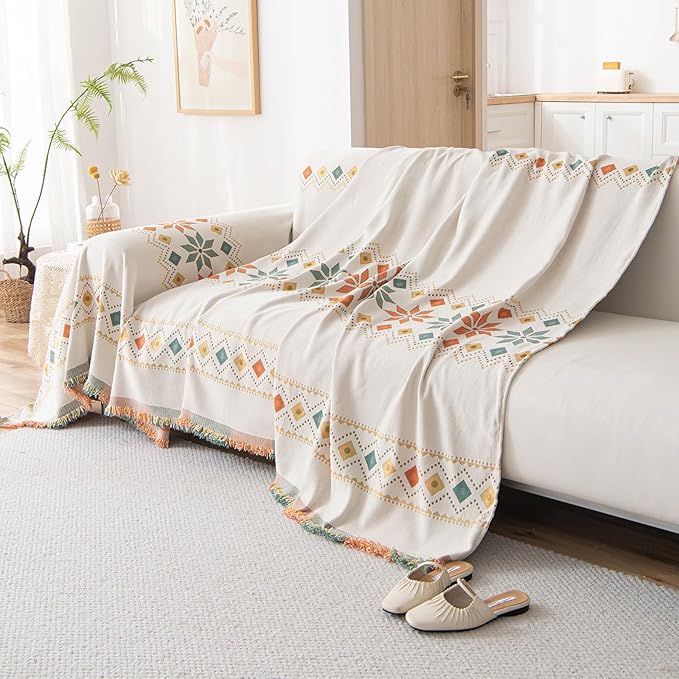 STACYPIK Modern Beige Sofa Cover, Boho Chenille Couch Cover for Sectional, Non-Slip Jacquard Furniture Protector for 2 Cushion Couch, L Shaped Couch Decorative & Reversible Sofa Slipcover-71X118IN