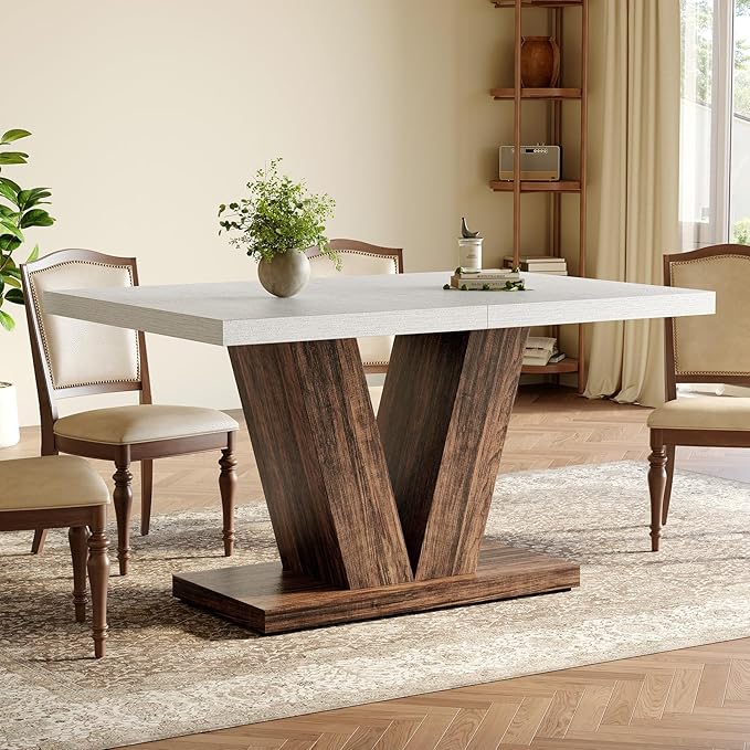 LITTLE TREE 47 Inches Dining Table for 4, Modern Dining Room Tables, White Rectangle Kitchen Table with Rustic Brown V-Shaped Pedestal, Wooden Dinner Table for Dining Room, Kitchen, Living Room