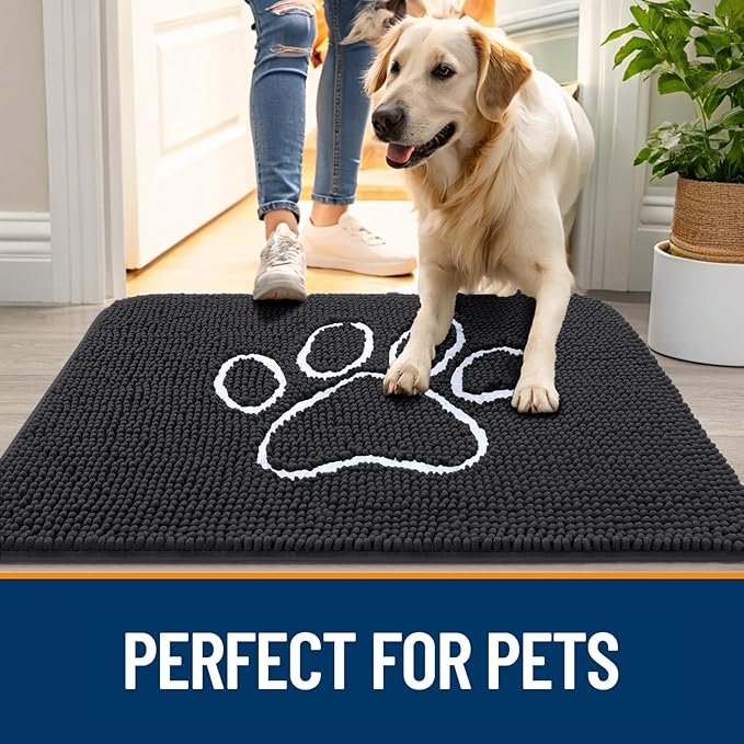 OLANLY Door Mat for Muddy Dog Paws 47x32, Ultra Absorbent Chenille Mud Doormat with Paw Print Design, Non-Slip Washable Doormat for Indoor Entryway, Quick-Dry Pet Bed Mats for Dirty Dogs, Dark Grey