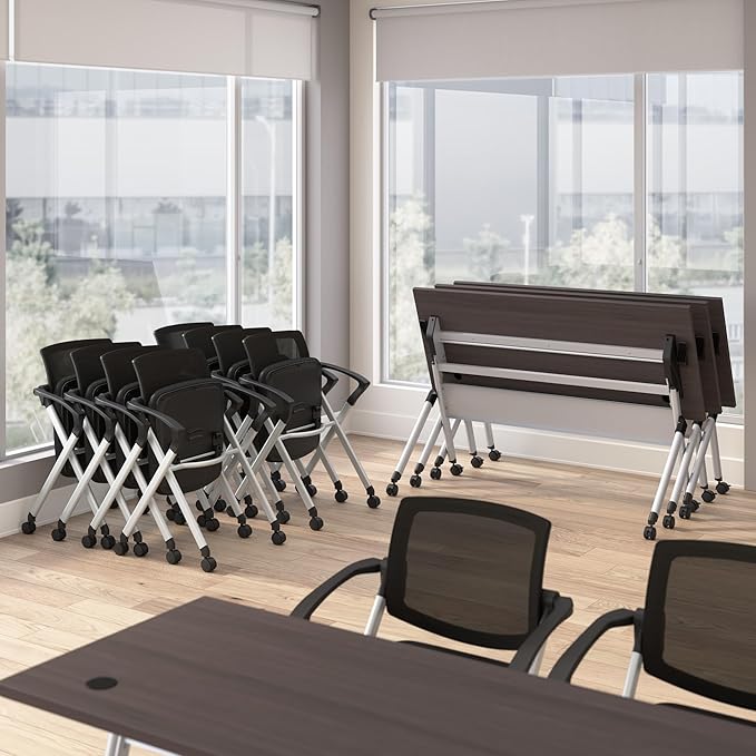 Bush Business Furniture Folding Training Table Set for 2, 72 inch, 2 Mesh Back Folding Chairs with Arms, Commercial-Grade Bundle for Office or Classroom, Envision Collection, Gray