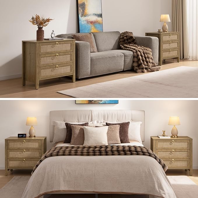 SICOTAS Nightstand Set 2 with Drawers - Large Rattan Bedside Table with Golden Handle, 3 Drawers Night Stand Tall End Table 26.78" Wide Side Table Boho Nightstand for Bedroom