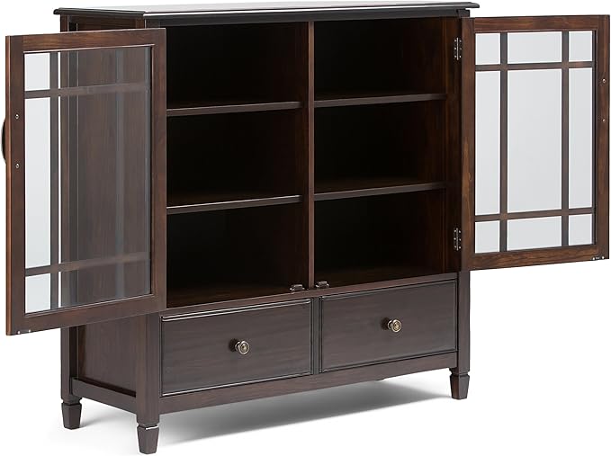 SIMPLIHOME Connaught SOLID WOOD 46 Inch Wide Traditional Tall Storage Cabinet in Dark Chestnut Brown, For the Living Room, Entryway and Family Room