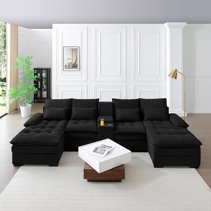 130" U-Shaped Sectional Sofa with Storage Console & Cup Holders, Upholstered 6 Seat Living Room Sleeper Couch Furniture Set w/Chaise, Cloud Cushion Couch for Home, Office, Apartment,Black