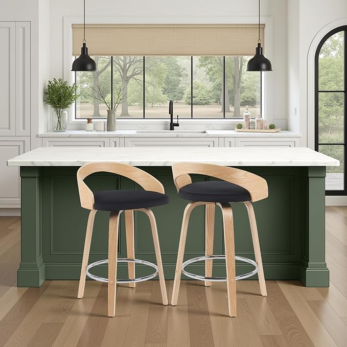 Armen Living Sonia Modern Swivel Counter Height Bar Stool with Black Upholstered Seat and Patterned Oak Wood Finish