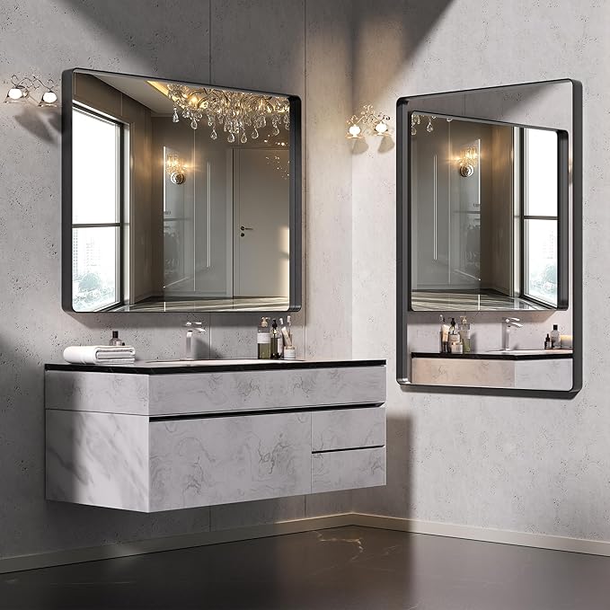 Hasipu Black Bathroom Mirror for Wall, 48 x 36 Inch Metal Framed Bathroom Mirrors for Over Sink, Rectangle Bathroom Vanity Mirror, Anti-Rust, Tempered Glass, Horizontal or Vertical
