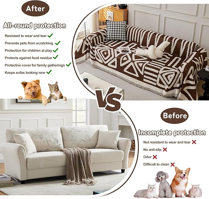 HANDONTIME Chocolate Boho Couch Cover Reversible Sofa Covers for 3 Cushion Couch Washable Sofa Cover for Dogs Boho Couches Covers Chenille Couch Protector Couch Covers for Sofa, 71" X118"