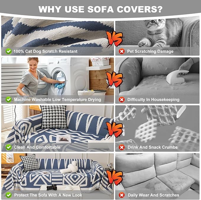 STACYPIK Boho Chenille Couch Cover, Blue Jacquard Sofa Cover for 3 Cushion Couch, Reversible Furniture Protector, Anti Slip Geometric Couch Covers for Sectional, Loveseat Cover Pet-Friendly-71X134IN