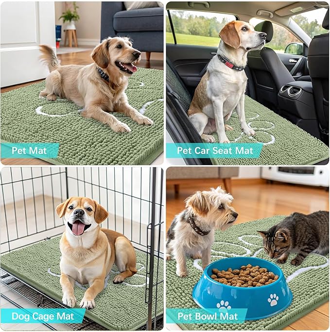 OLANLY Door Mat for Muddy Dog Paws 48x30, Ultra Absorbent Chenille Mud Doormat with Paw Print Design, Non-Slip Washable Doormat for Indoor Entryway, Quick-Dry Pet Bed Mats for Dirty Dogs, Sage Green
