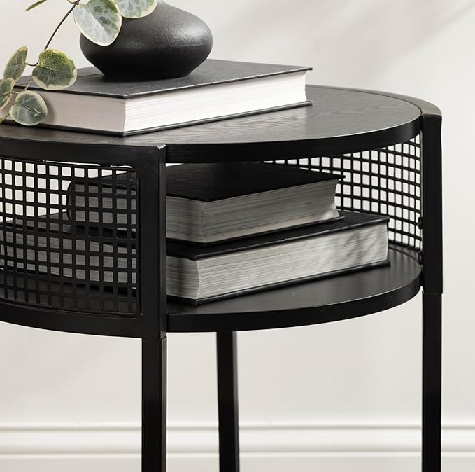 Kate and Laurel Urso Modern Tiered Round Side Table, 16 x 15 x 25, Black, Transitional Two-Tier Circle Living Room Table with Storage and Metal Mesh Construction